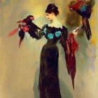Victorian woman with vibrant parrots in soft backdrop