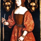 Medieval woman with dagger, wolves in dark classical painting