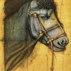 Detailed painting of horse with braided mane and ornate bridle on golden yellow background