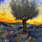 Colorful painting of olive tree at sunset in stylized landscape
