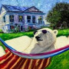 Polar bear relaxing in hammock with dilapidated house in background