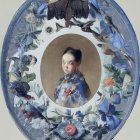 Oval painting of melancholic young woman's face in floral wreath