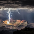 Dramatic landscape with towering mesas under stormy sky