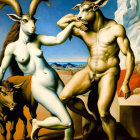 Surrealist painting of winged male and goat-headed female figures in stylized landscape
