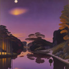 Tranquil Dusk Landscape: Full Moon, Reflective Lake, Pagoda, Purple & Golden