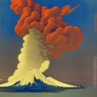 Vibrant volcano eruption painting with red and orange clouds in blue sky