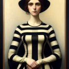 Portrait of woman with pale skin, dark hair, striped dress, and wide-brimmed hat.