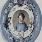 Victorian-style portrait of young boy in blue outfit with butterflies and bird on soft blue background