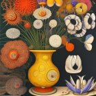 Colorful Still Life Painting with Yellow Vase and Flowers