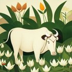 Stylized white cow with colorful headpiece in lush green setting