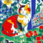 Colorful Calico Cat Surrounded by Flowers and Quilt