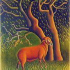 Chestnut horse painting under fantastical tree in lush forest