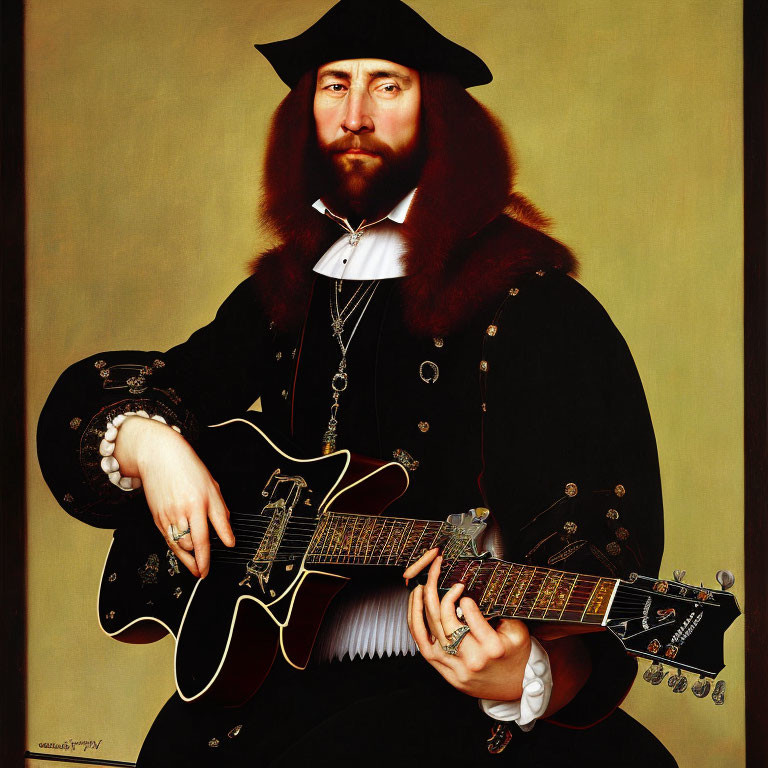Bearded man in historical attire playing electric guitar art fusion