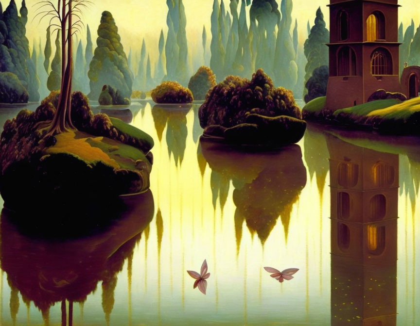 Surreal landscape with mirror-like lake, castle-like building, and vibrant butterflies at dusk