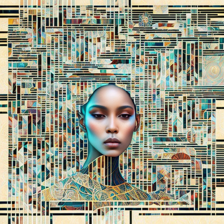 Digital Artwork: Woman's Face with Geometric Patterns & Vibrant Textures