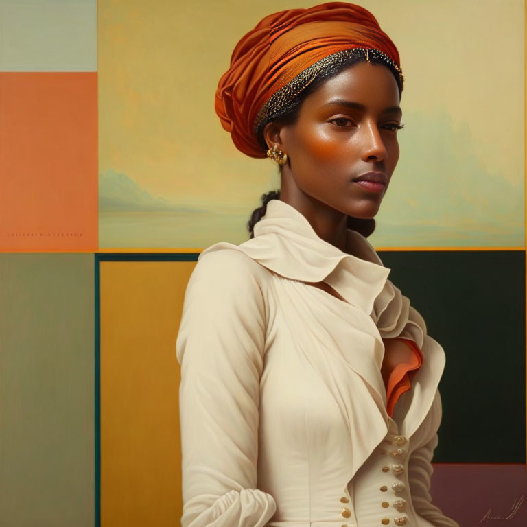 Elegant woman in headscarf against warm-toned background