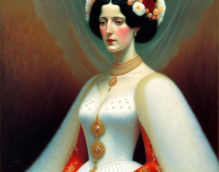 Portrait of Woman in White Dress with Gold and Red Accents