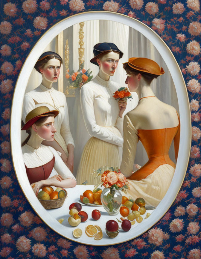 Vintage Style Painting of Four Women in Elegant Attire with Floral Border