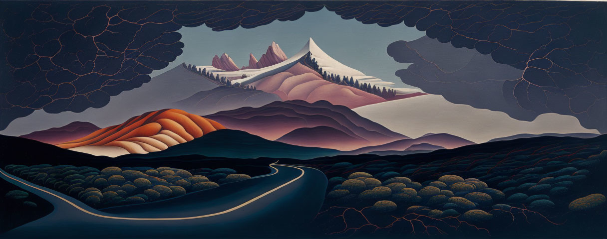 Stylized landscape with winding road, tree-covered hills, dunes, and mountains