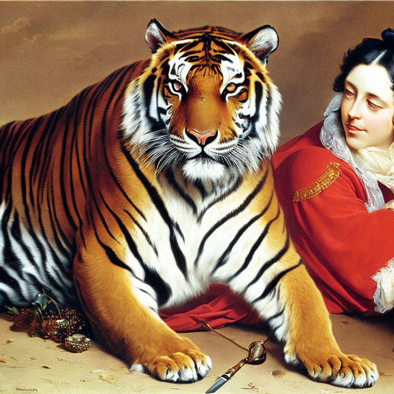 Woman in red dress with tiger and paintbrush in serene image