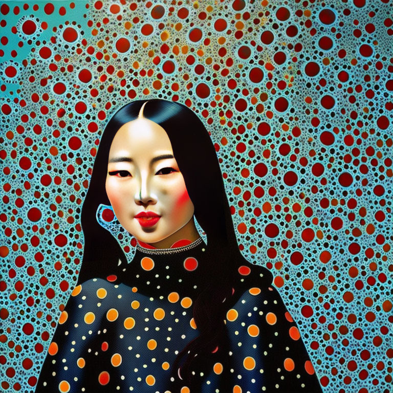 Asian-featured woman in front of psychedelic dotted background
