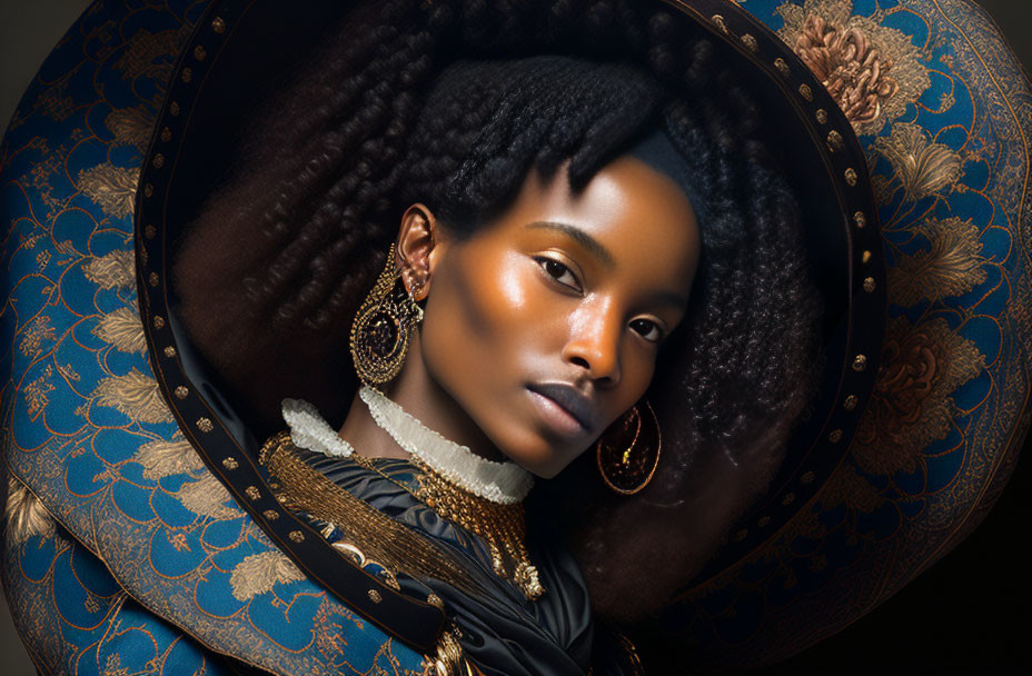 Intricate braided hair portrait with golden earrings and ornate garment against round backdrop