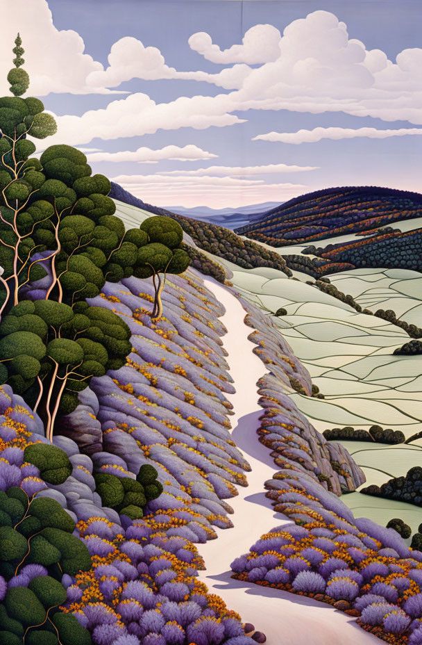 Vibrant landscape painting with river, hills, lavender fields, and cloudy sky