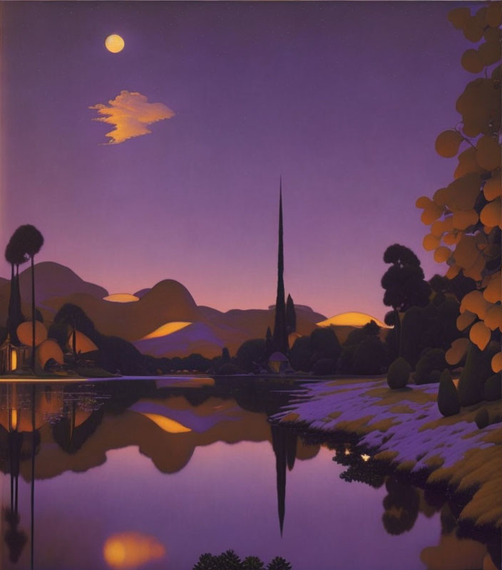 Purple Dusk Landscape with Rolling Hills and Moon