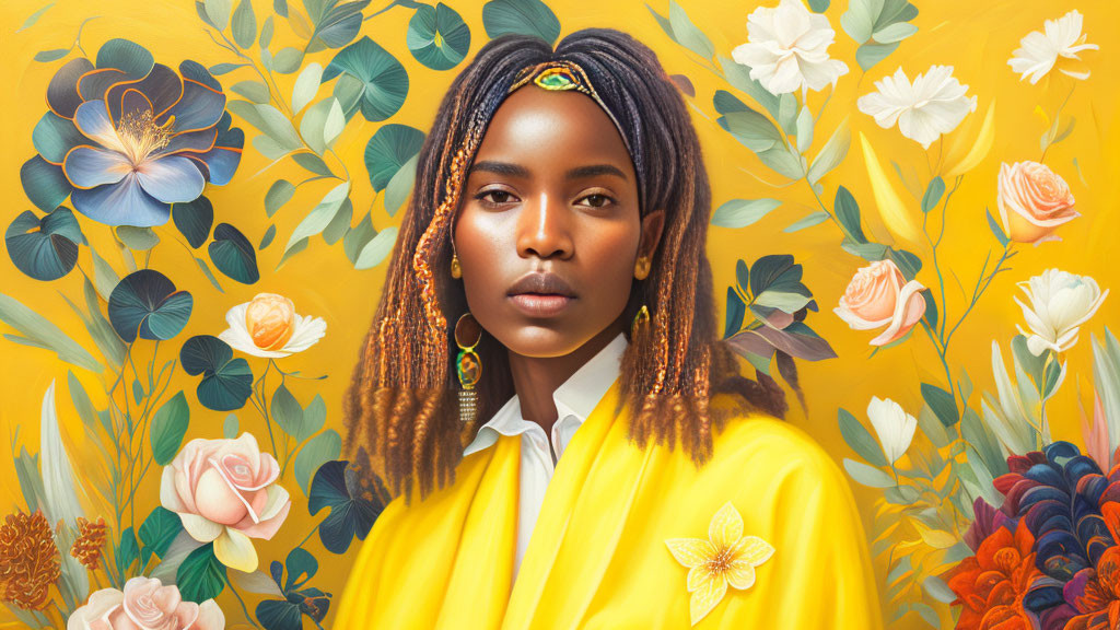 Woman with Braided Hair in Yellow Outfit Surrounded by Colorful Flowers on Vibrant Background