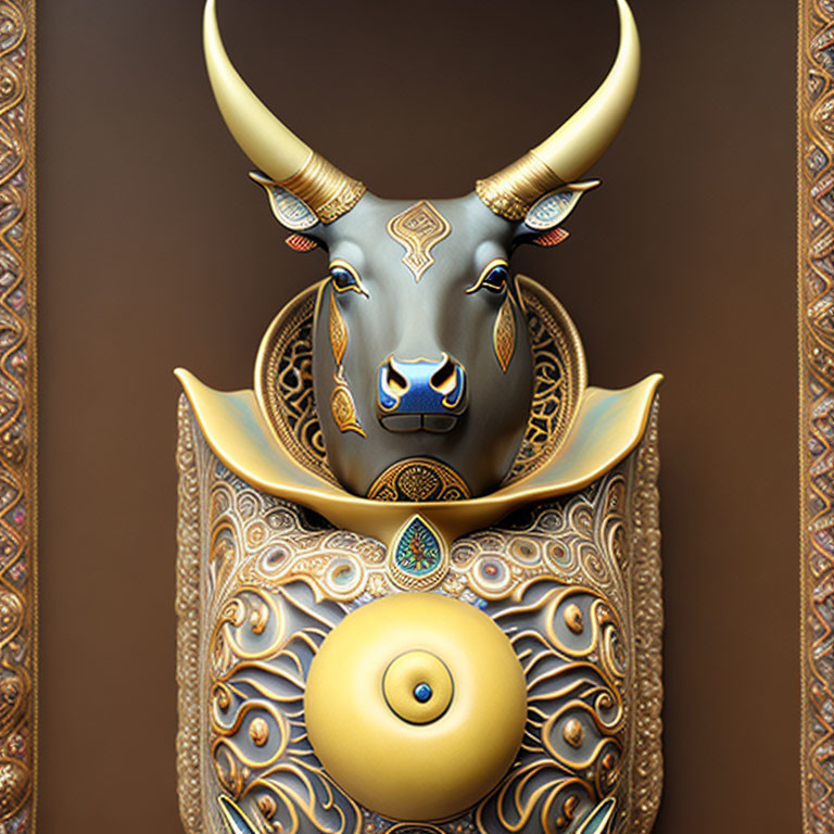 Intricate Golden Bull Mask with Horns and Forehead Emblem