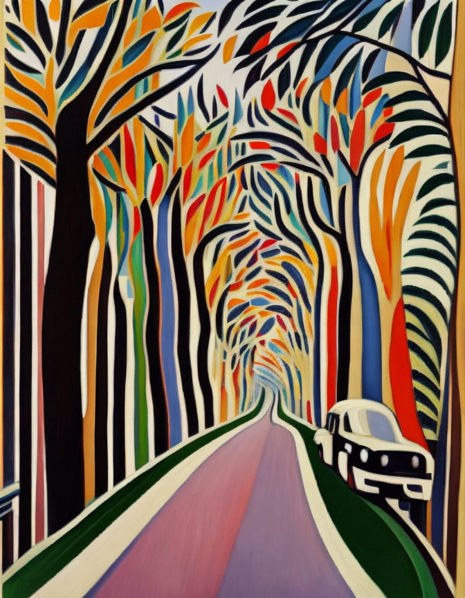 Colorful Abstract Trees Painting on Road with Car