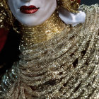 Person with white skin, dark lips, and gold attire in dramatic makeup