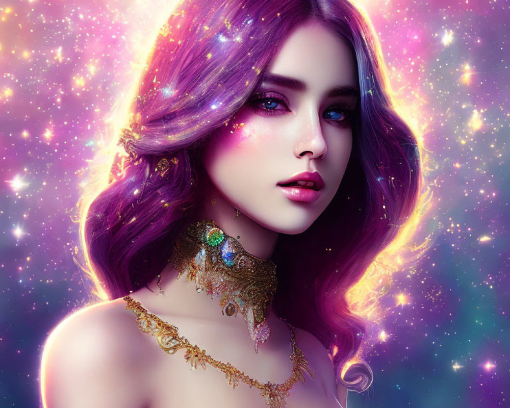 Purple-haired woman in digital portrait with galaxy background and sparkling eyes.