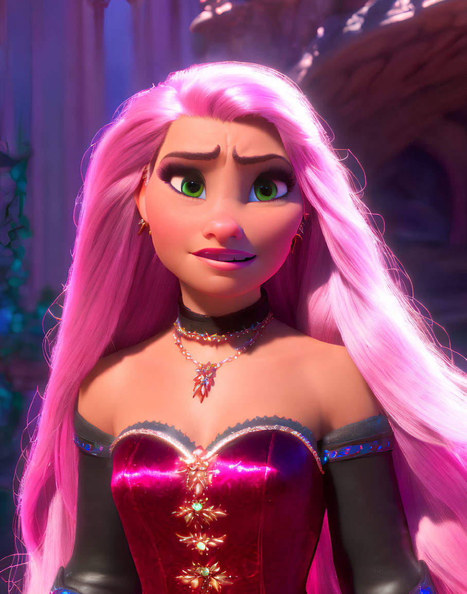 3D animated female character with pink hair, green eyes, red and gold bodice.
