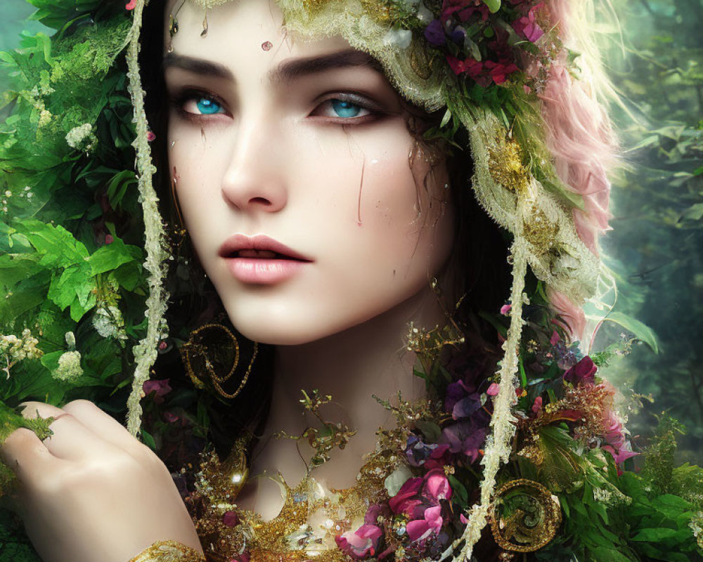 Portrait of woman with floral and gold adornments and blue eyes in lush green setting