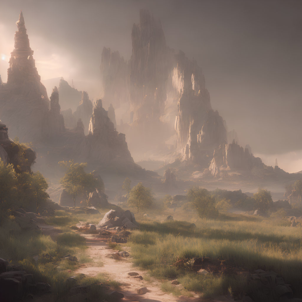 Rocky spires and mystical temple in misty landscape