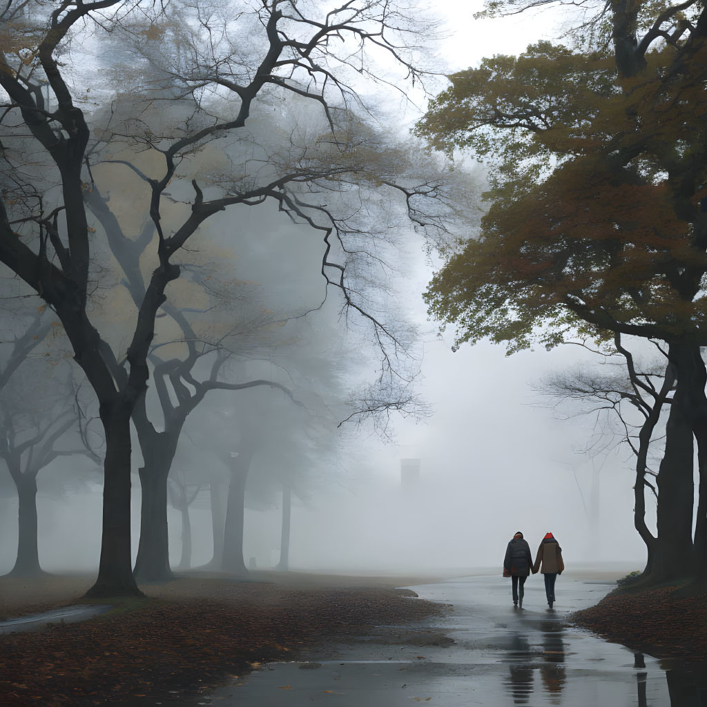 Two people walking in misty autumn park with fallen leaves