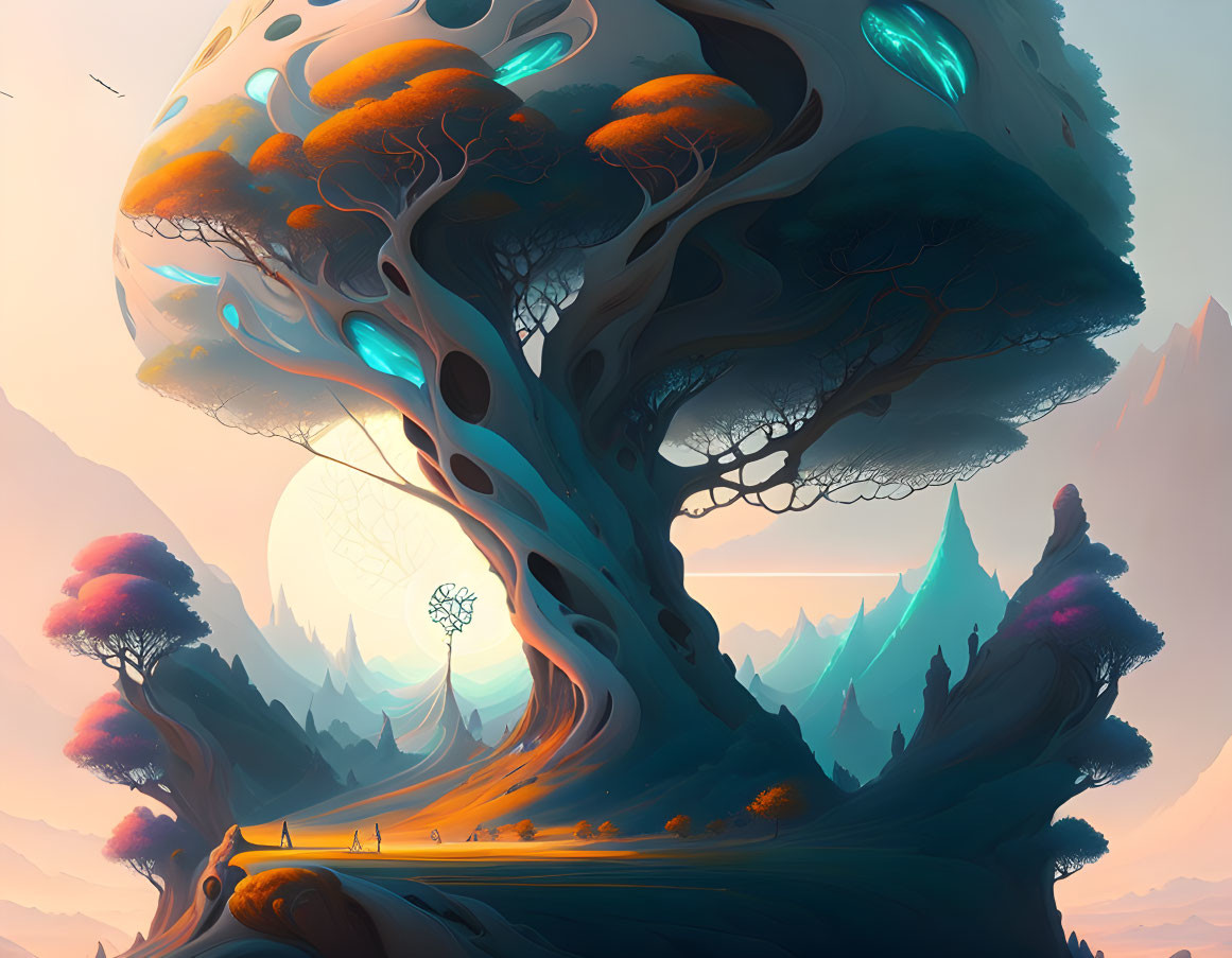 Surreal tree in fantastical landscape with glowing blue elements