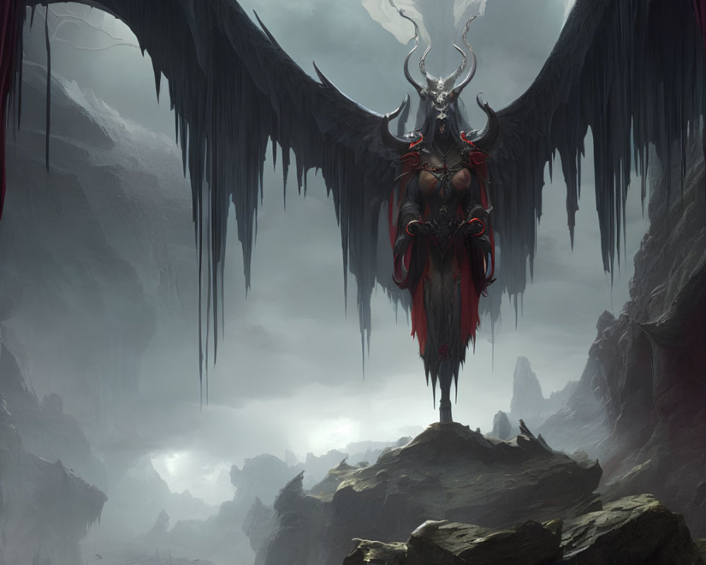 Mysterious figure with wings and armor in dark cavern landscape