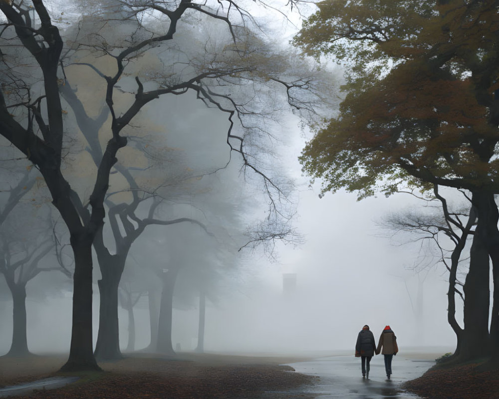Two people walking in misty autumn park with fallen leaves