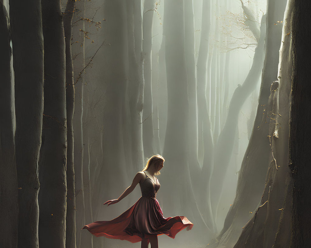Woman in Red Dress Standing in Sunlit Forest Clearing