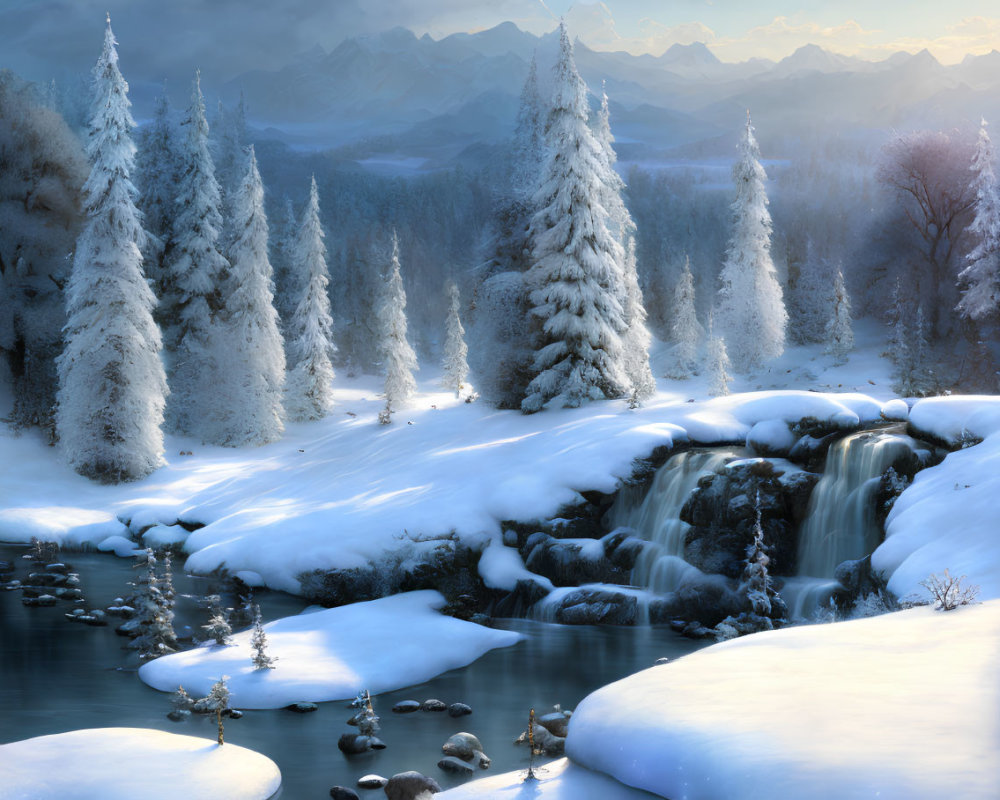 Snow-covered trees, cascading waterfall, and distant mountains in serene winter landscape