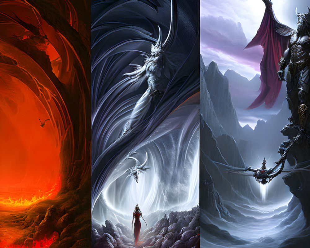 Fantasy Triptych: Fiery, Icy, & Mountainous Realms with Dragon-like