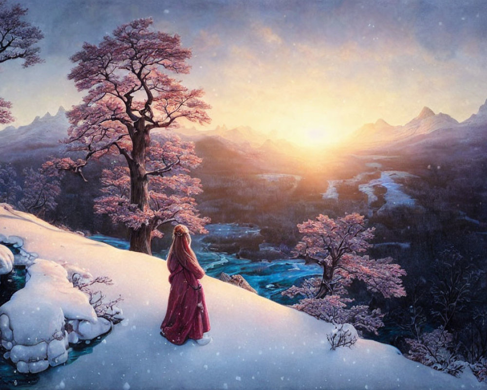 Person in Red Cloak in Snowy Landscape at Sunrise with Cherry Blossoms and Mountains