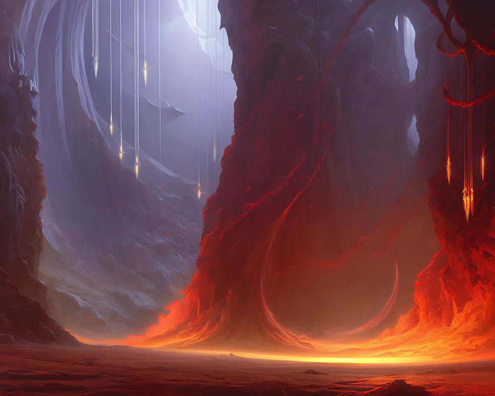 Ethereal light in vast cavern with red walls