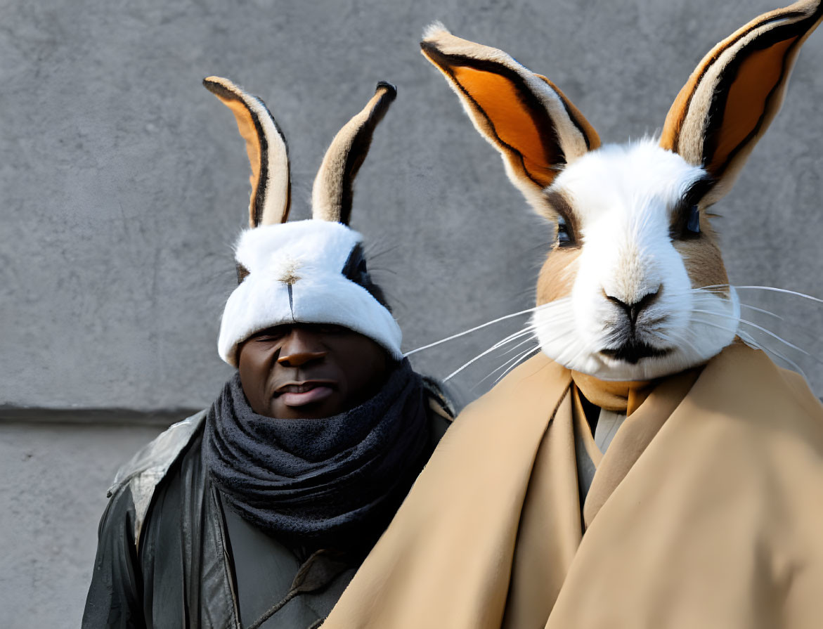 Two people in large rabbit head masks against grey wall