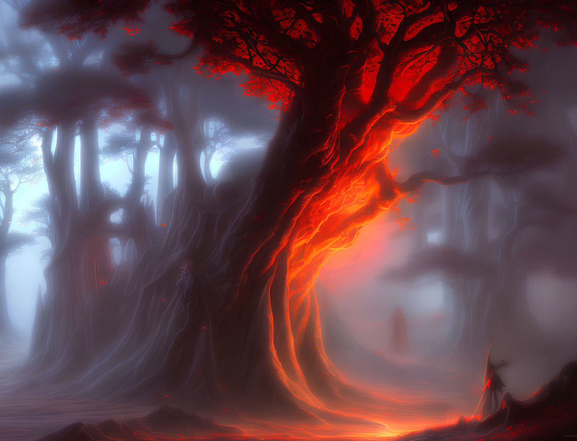 Ethereal red light forest with glowing lava-like tree