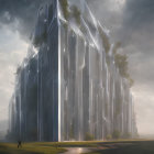 Reflective futuristic architecture in misty landscape with dynamic lighting