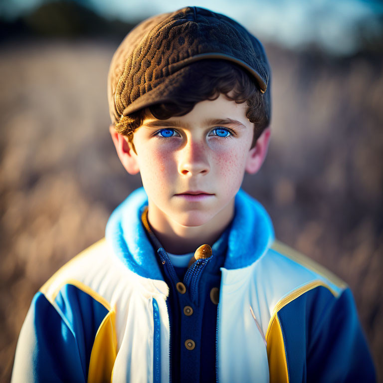 Young boy with blue eyes and freckles in cap and jacket outdoors.
