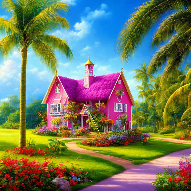 Whimsical pink cottage with red roof in lush greenery